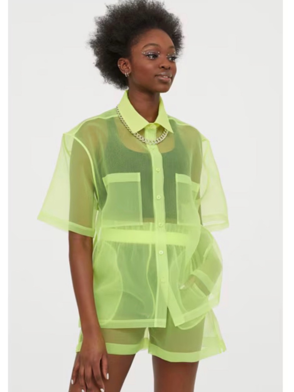 Justine Skye x H&M Sheer Neon Yellow Short-Sleeve Button-Up Shirt - Picture 6 of 6